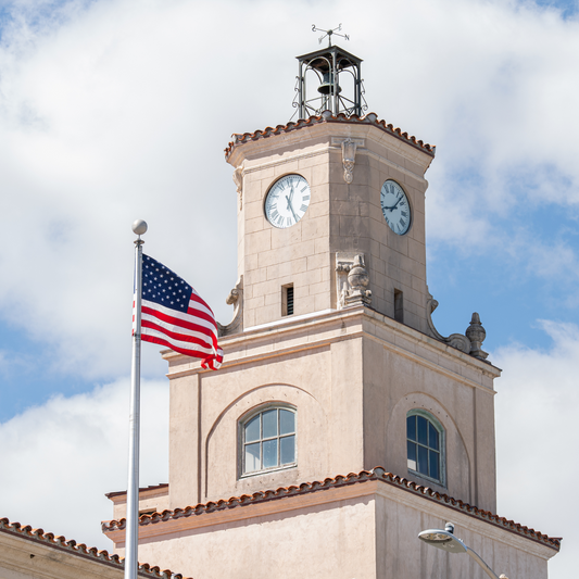 American flag in front of Coral Gables City Hall.